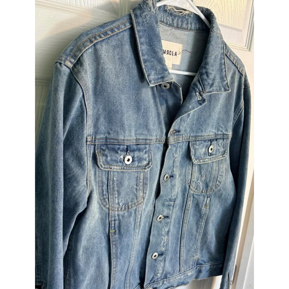 MRCLA Denim Jacket Size L Blue Distressed Zipper Sleeve Trucker Mr. Completely